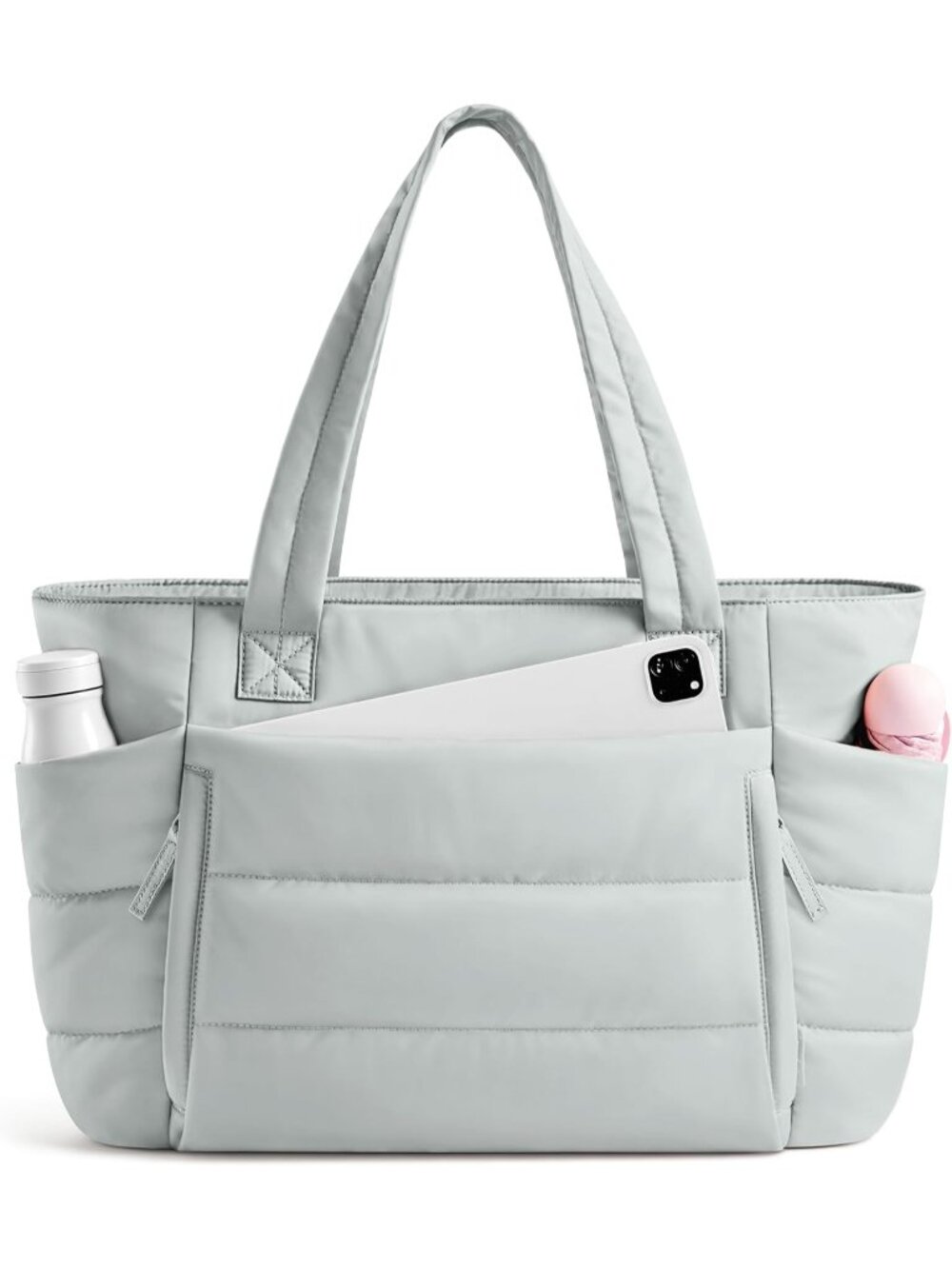 👜Women's Dawn Grey Quilted Puffer Tote Bag Zipper Work Bag With Compartments